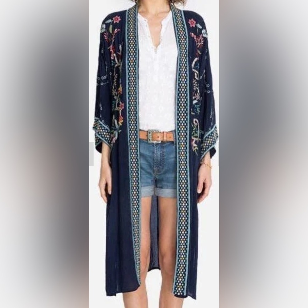 Johnny was XL navy embroidered  open duster /Kimono / cardigan with pockets .